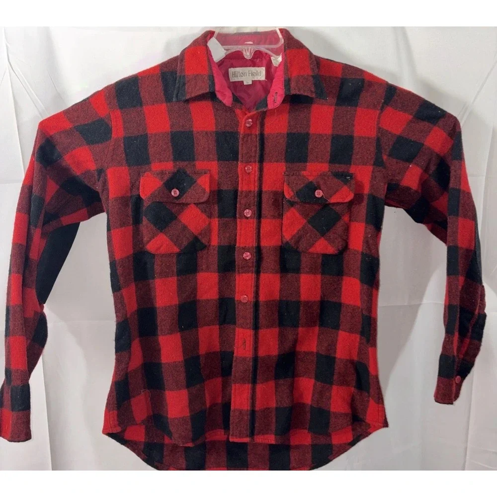 Vintage Hilton Field Buffalo Plaid Wool Blend Button Down Shirt Sz L Grunge